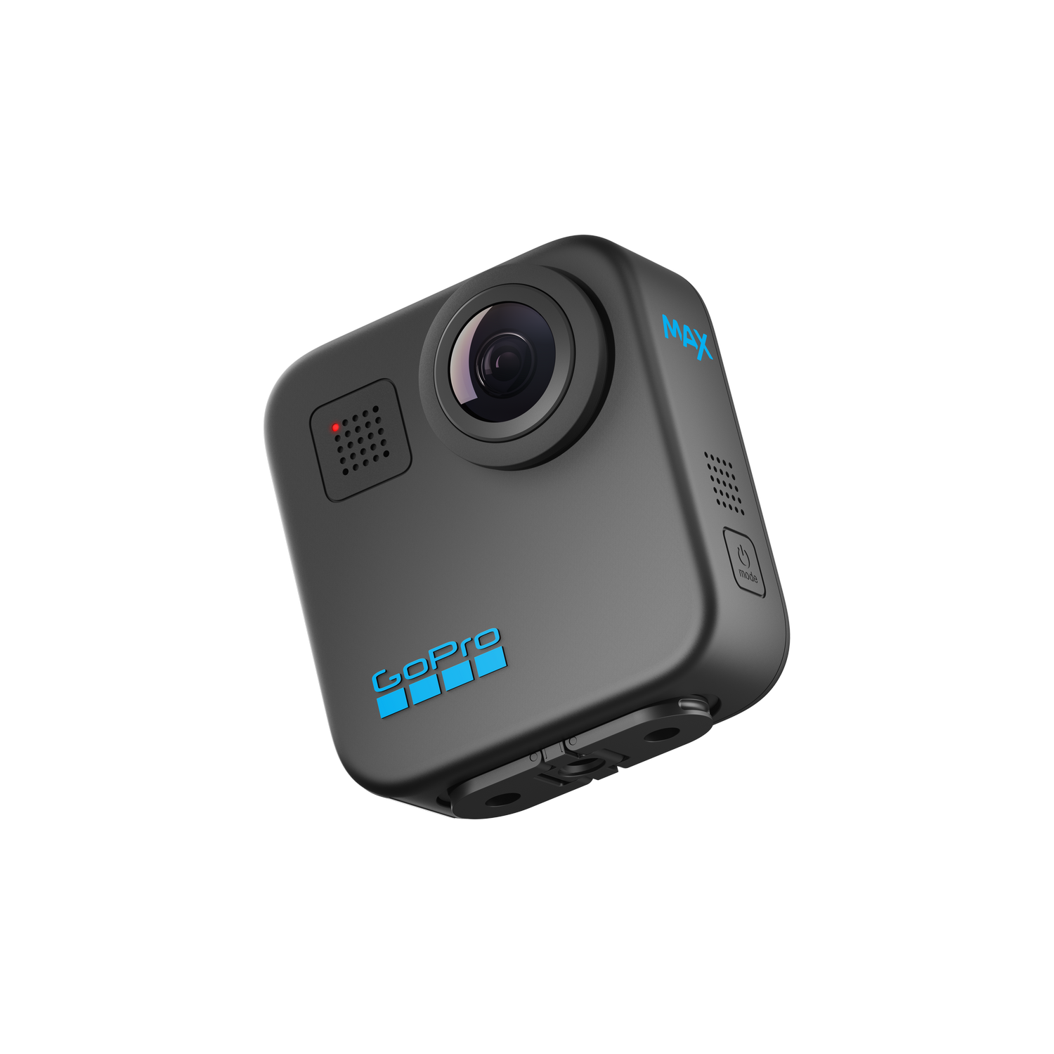 Una cámara GoPro MAX negra sobre un fondo negro.