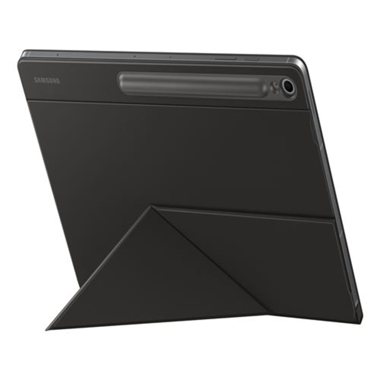 A black tablet with a stand.