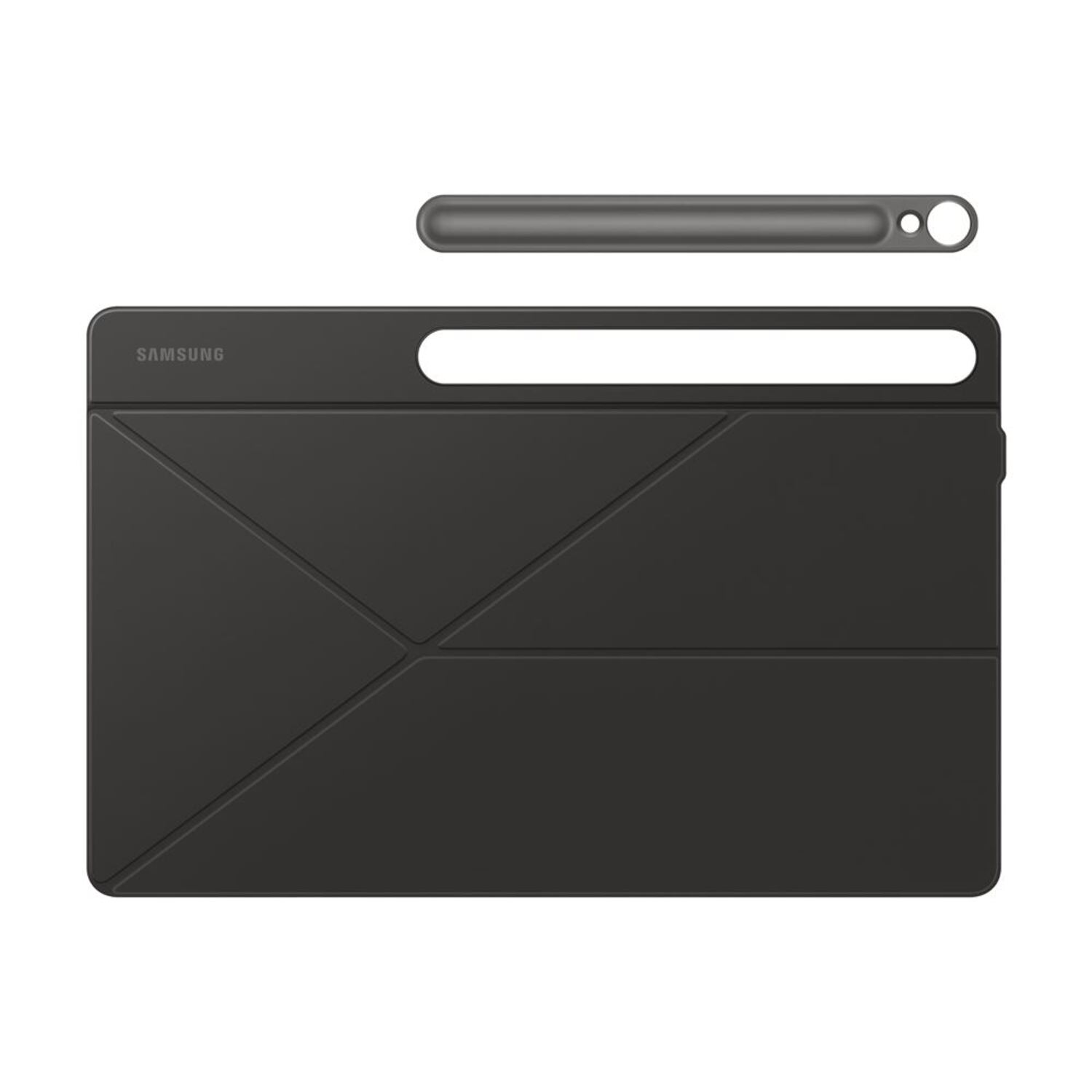 Black tablet case with a stylus. The case is folded in a triangular shape. Samsung logo.