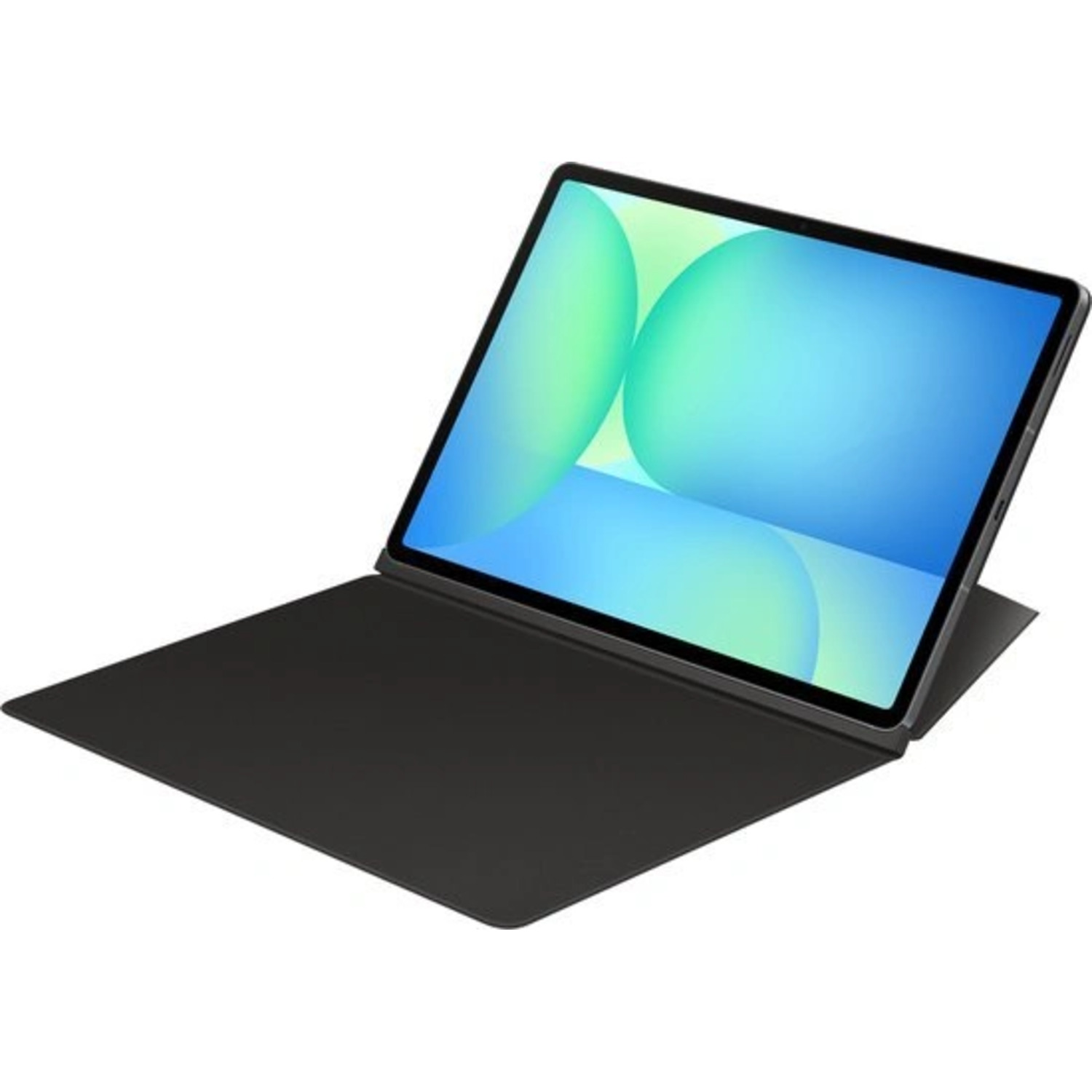 Tablet with black keyboard case, screen angled upwards.