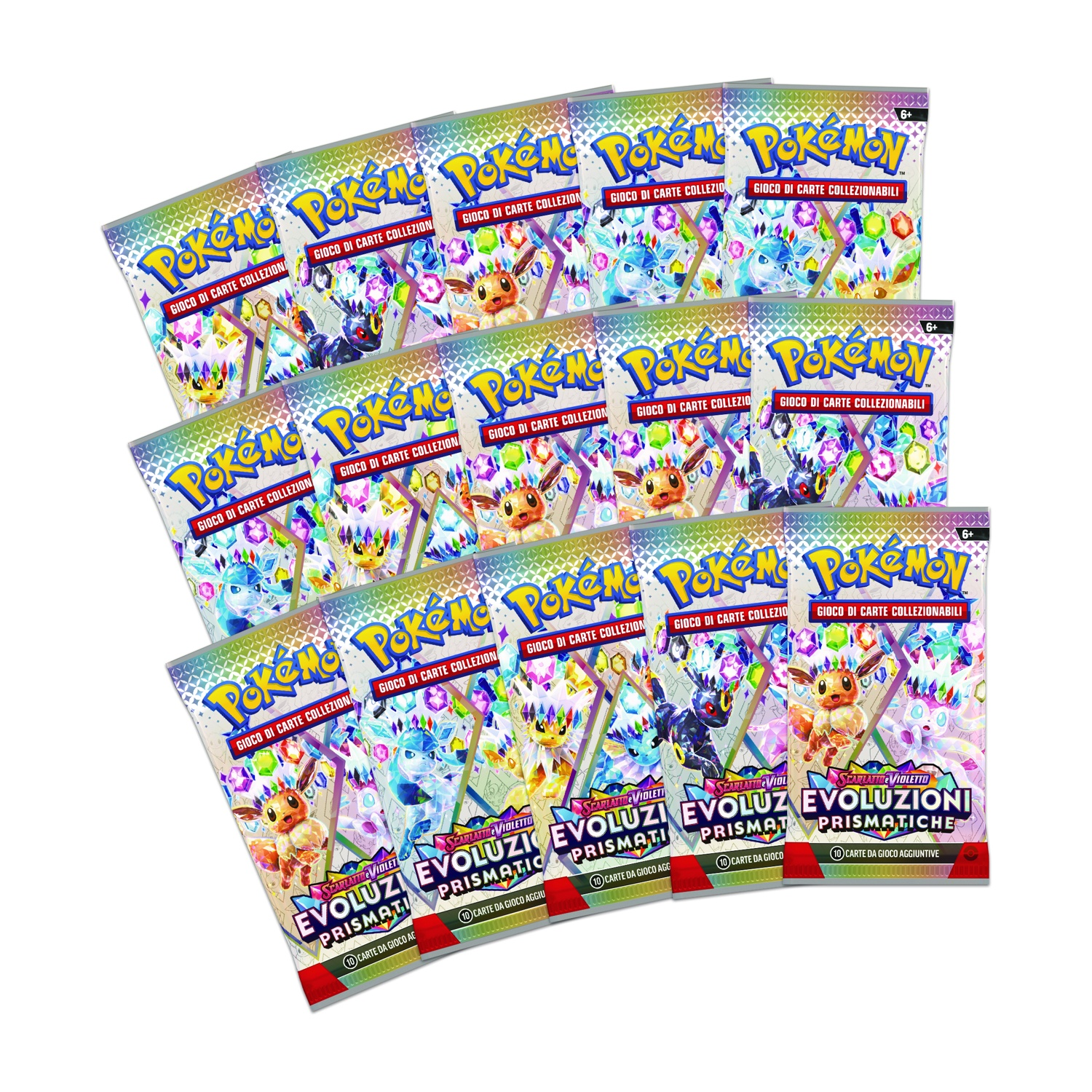 Molti pacchetti di carte collezionabili Pokémon con vari personaggi Pokémon.