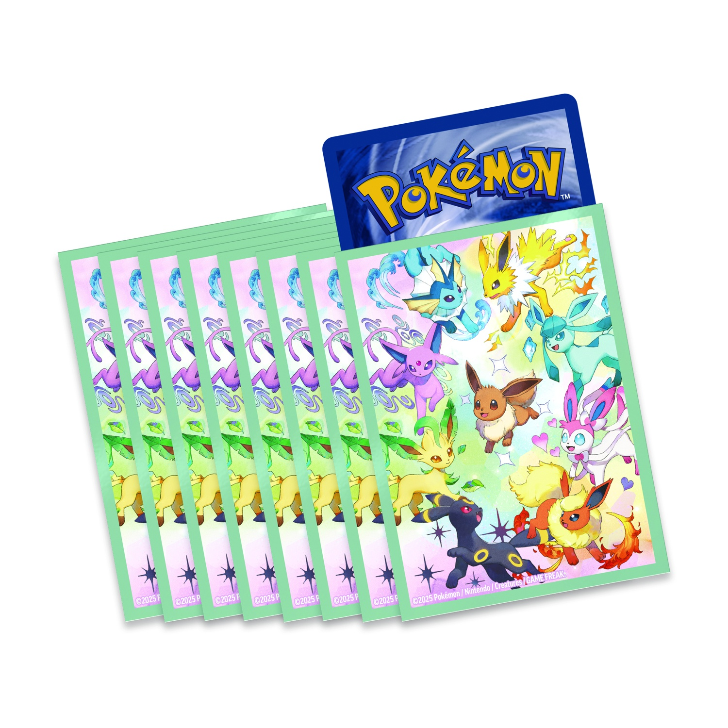 Buste protettive per carte Pokémon con Eevee e le sue evoluzioni su sfondo chiaro.