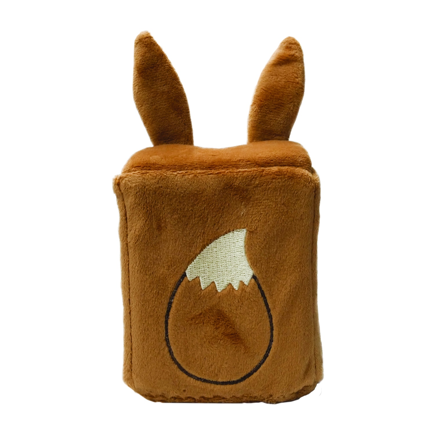 Peluche marrone con orecchie e design a coda sul davanti.