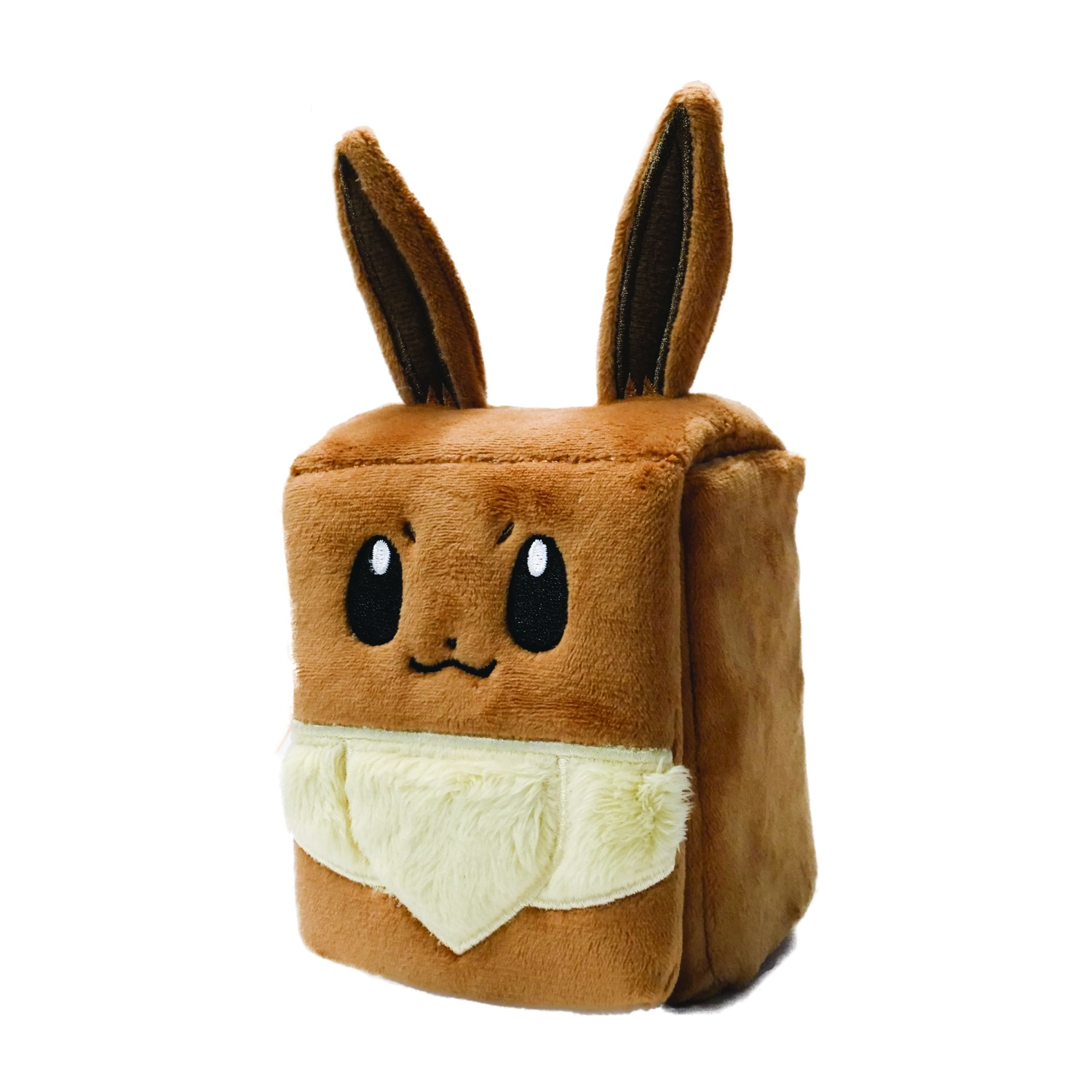 Un peluche Eevee marrone a forma di cubo con grandi occhi neri.