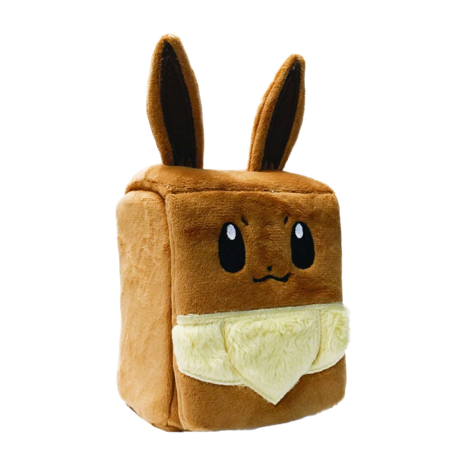 Un peluche marrone a forma di cubo con lunghe orecchie e un volto.