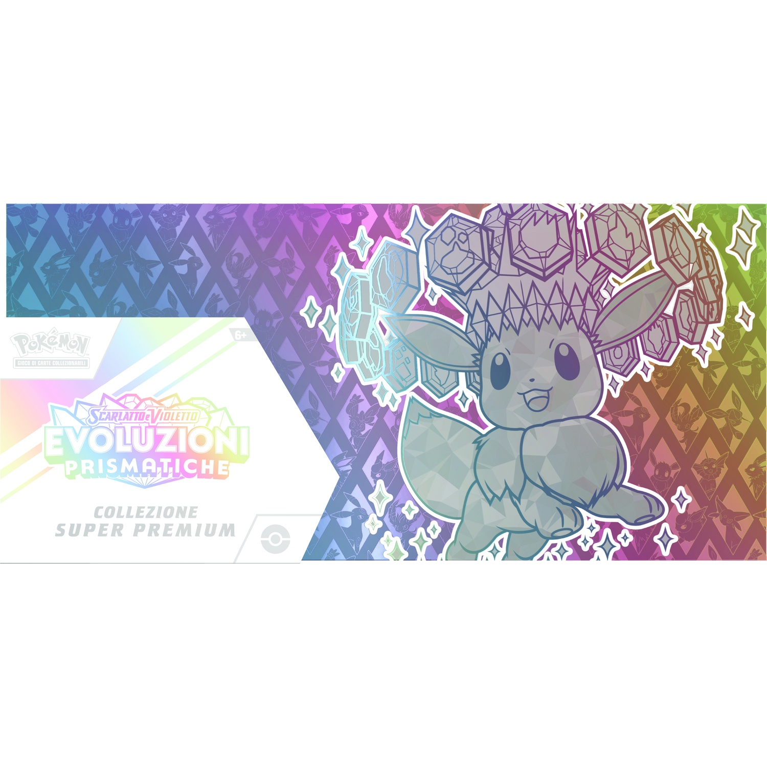 Pokemon TCG: Eevee con corona di gemme su sfondo arcobaleno. Collezione Super Premium.