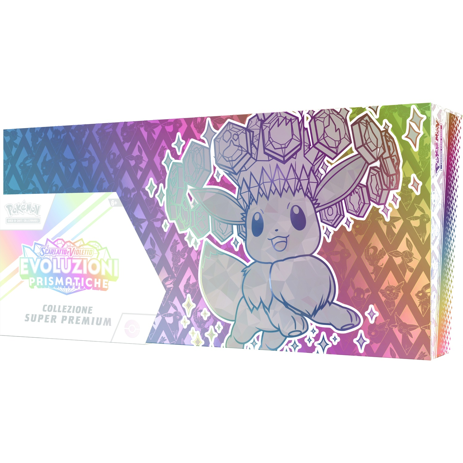 Box Pokémon GCC con Eevee e gemme, su sfondo colorato.