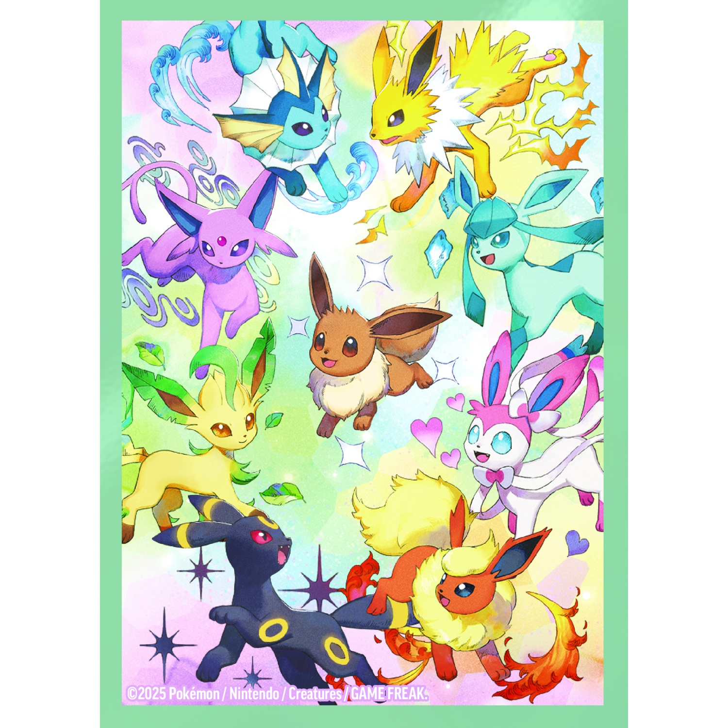 Una colorata illustrazione di Eevee e delle sue evoluzioni su sfondo pastello.