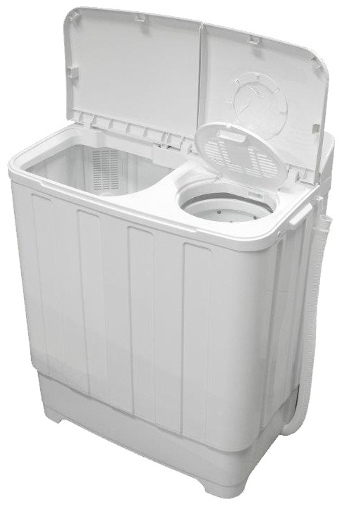 Biała pralka dwukomorowa z dwiema otwartymi pokrywami, jedną do prania, drugą do wirowania.