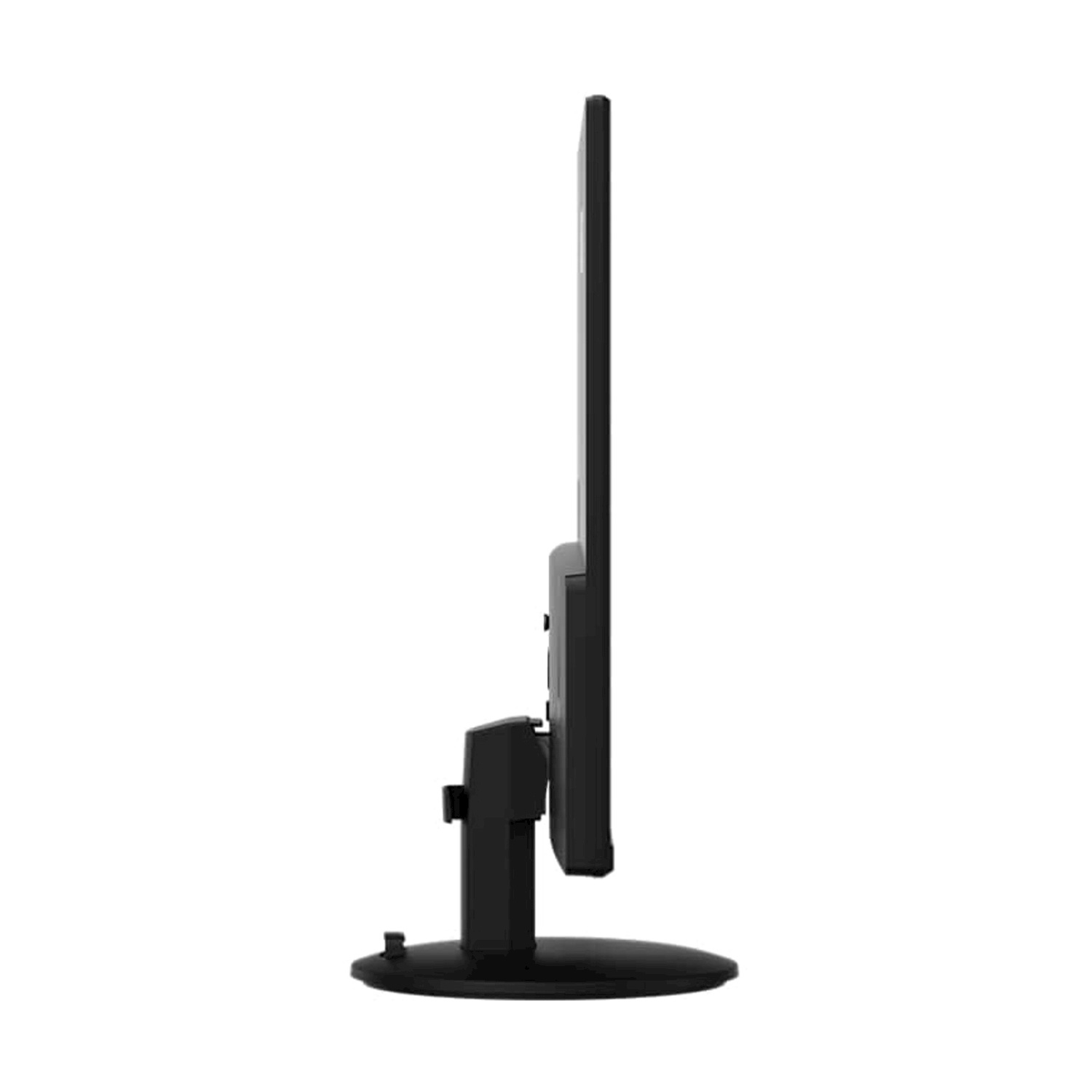 Vista laterale di un monitor per computer nero, con supporto nero, sfondo bianco.
