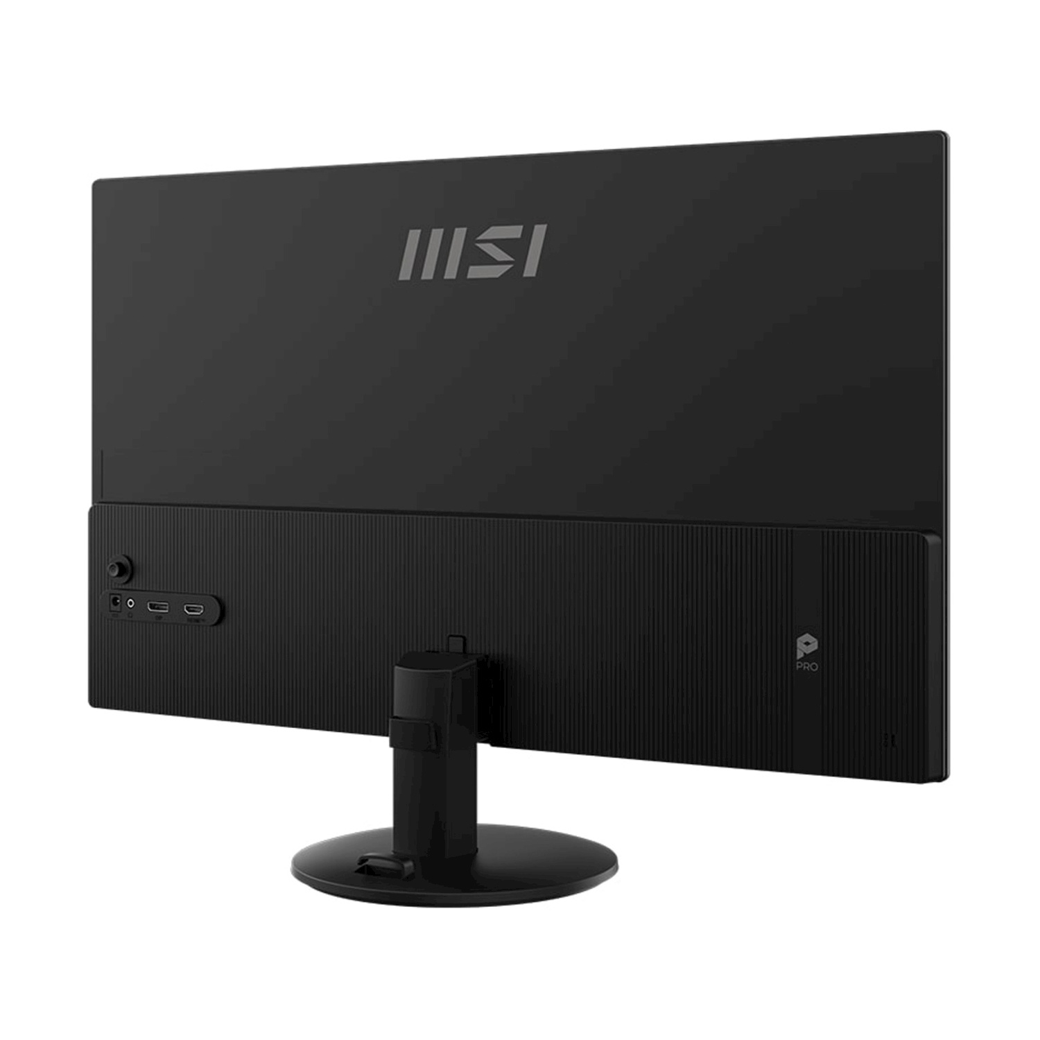 Retro di un monitor per computer nero. Ha delle porte e il logo MSI è visibile.