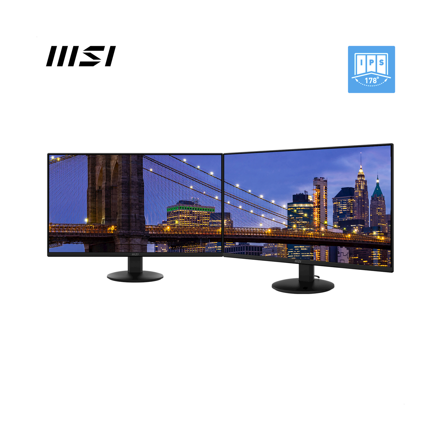 Due monitor curvi che mostrano una città al tramonto.