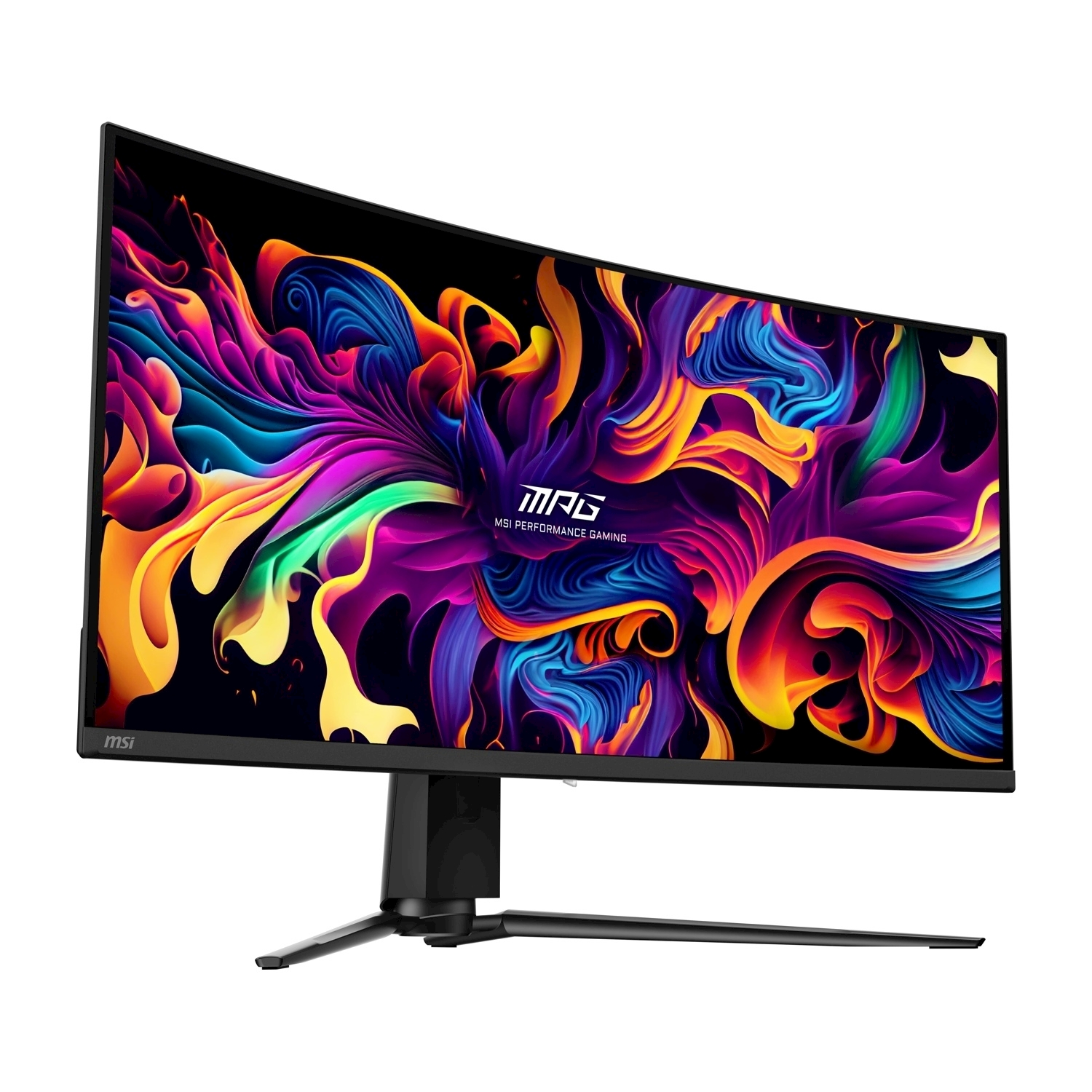 Monitor MSI curvo che mostra arte astratta colorata. Ha una base e un supporto neri.