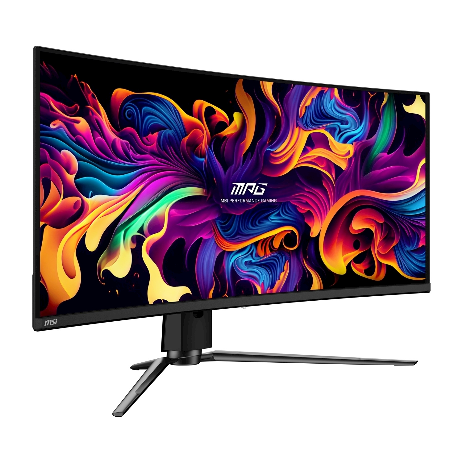 Monitor da gioco curvo con display colorato. Supporto e cornice neri. Logo MSI in basso.