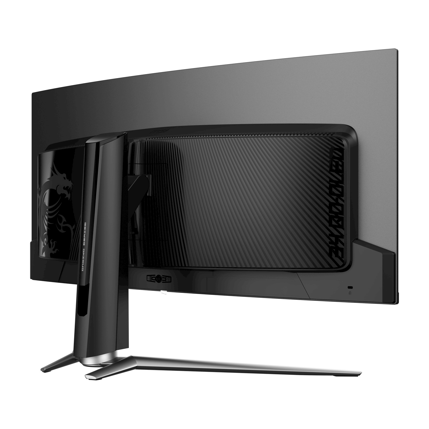 Vista posteriore di un monitor nero. Il supporto del monitor è visibile.