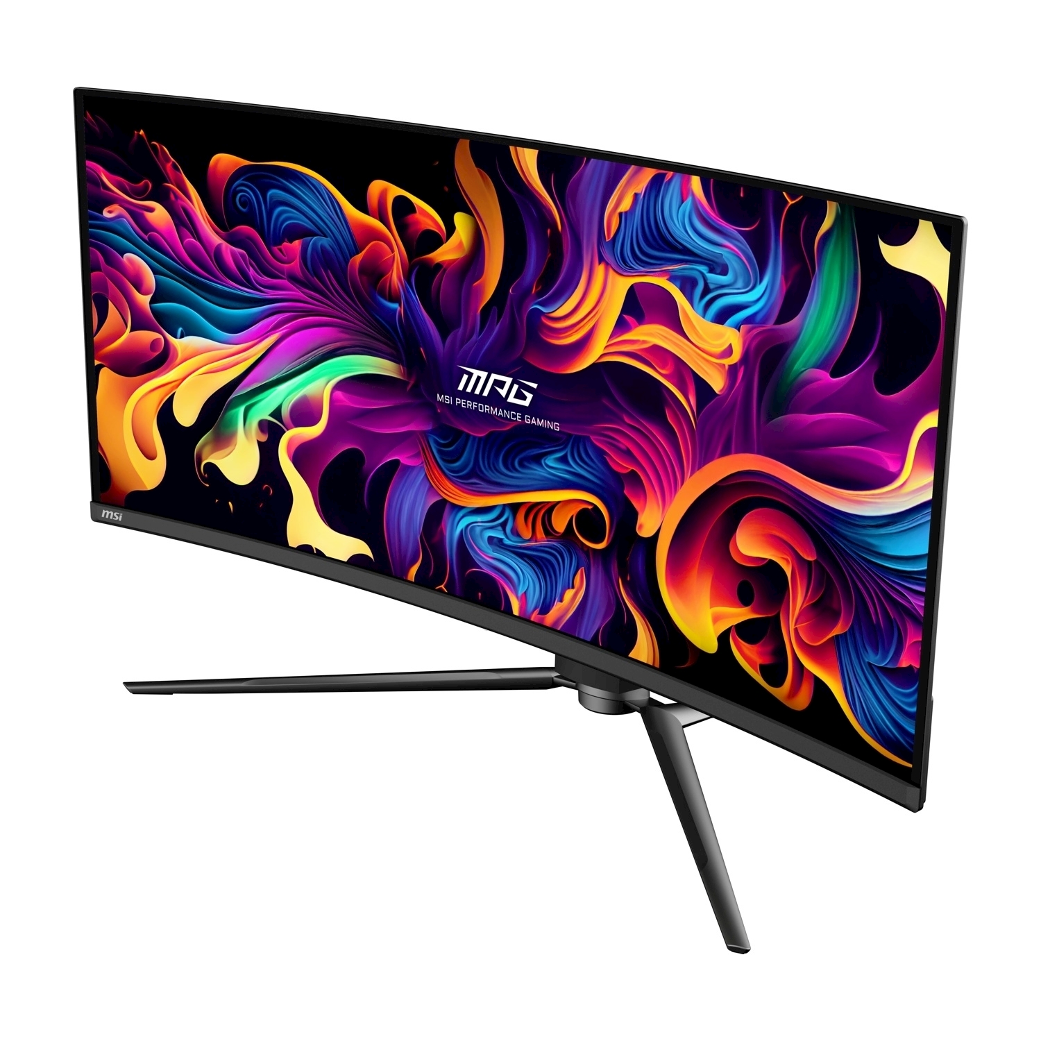 Monitor curvo con display astratto colorato. Logo MSI a sinistra.