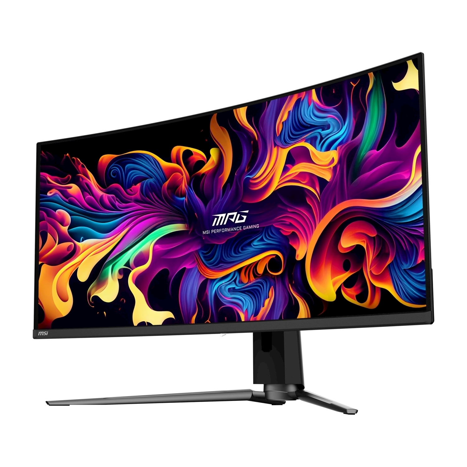 Monitor curvo che mostra arte astratta vibrante e colorata, su sfondo bianco.