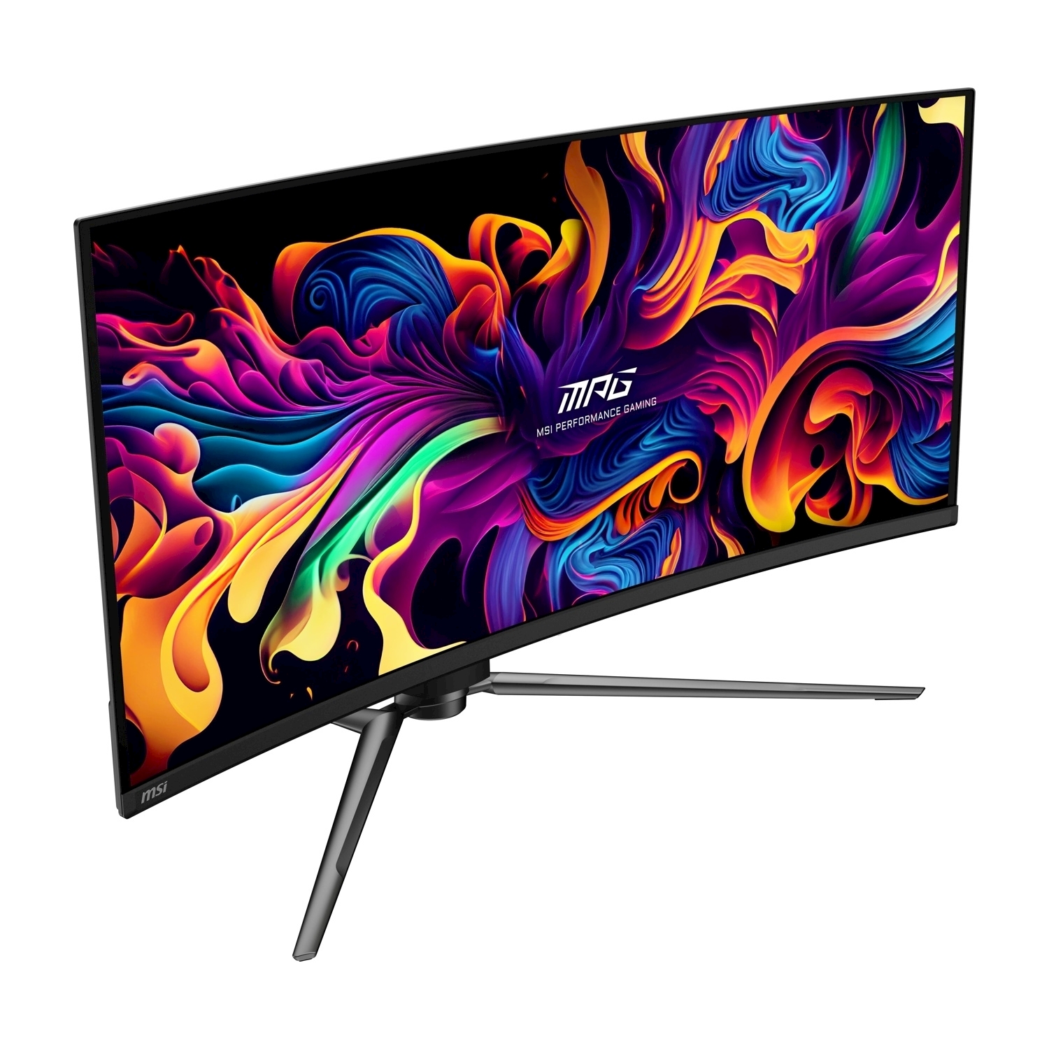 Monitor MSI curvo, mostra arte astratta colorata. Ha un supporto nero.