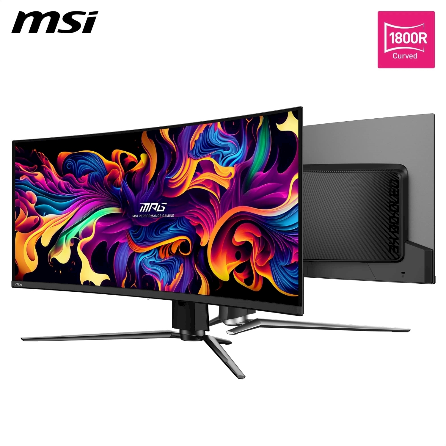 Un monitor per computer curvo con un'immagine astratta sullo schermo.