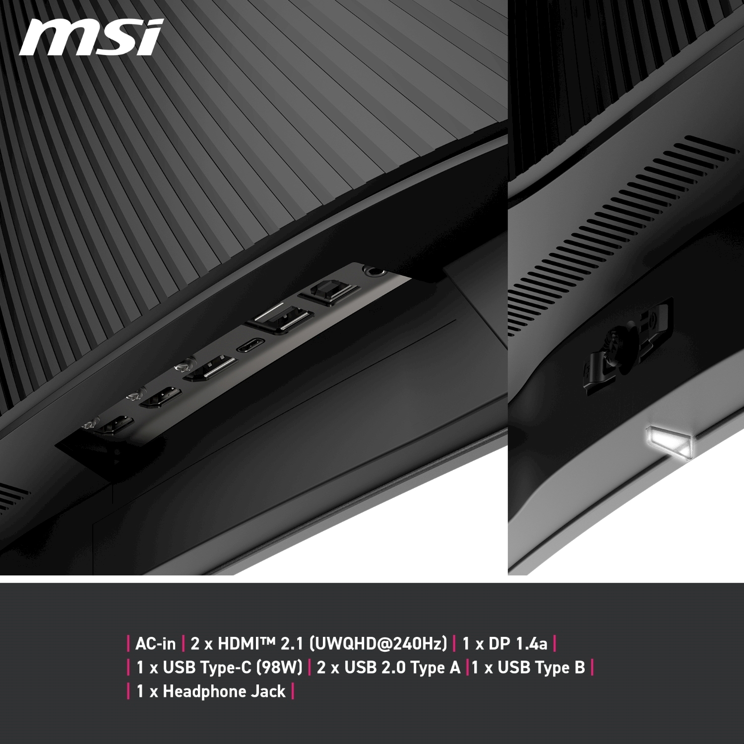 Vista posteriore di un monitor per computer nero con varie porte ed etichette di connessione.