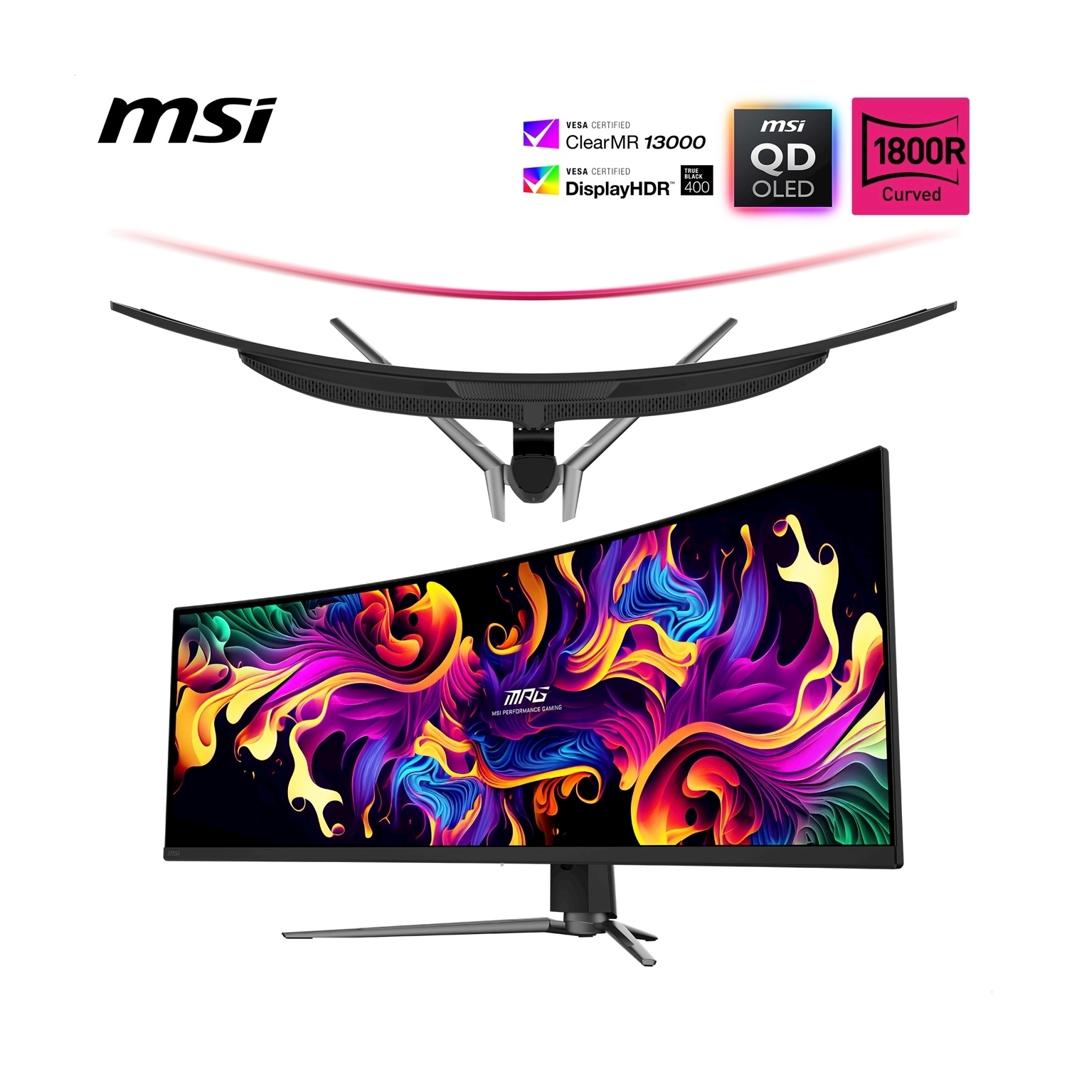 Un monitor curvo da gioco MSI con display colorato e supporto.