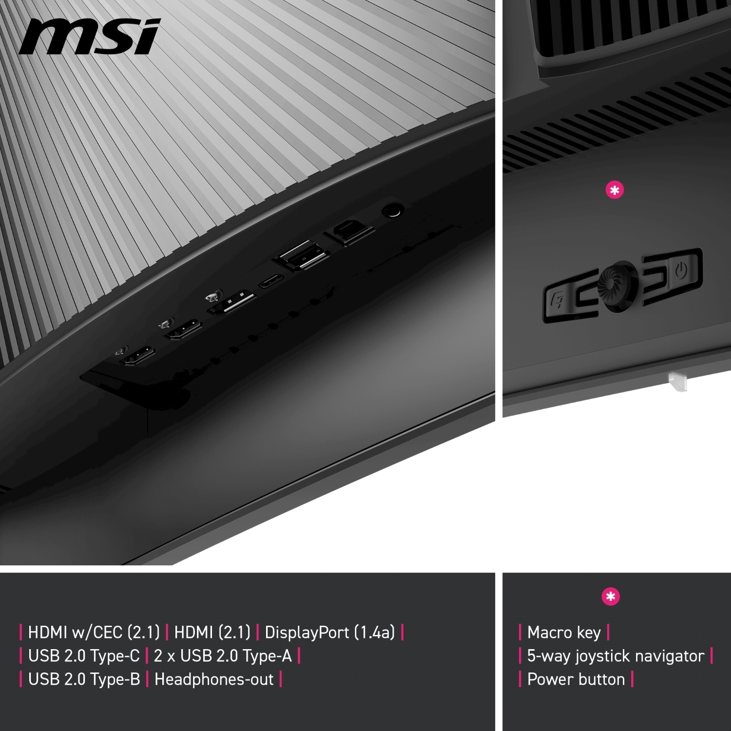 Monitor nero con porte, logo MSI. Etichette: HDMI, USB, DisplayPort e pulsanti.