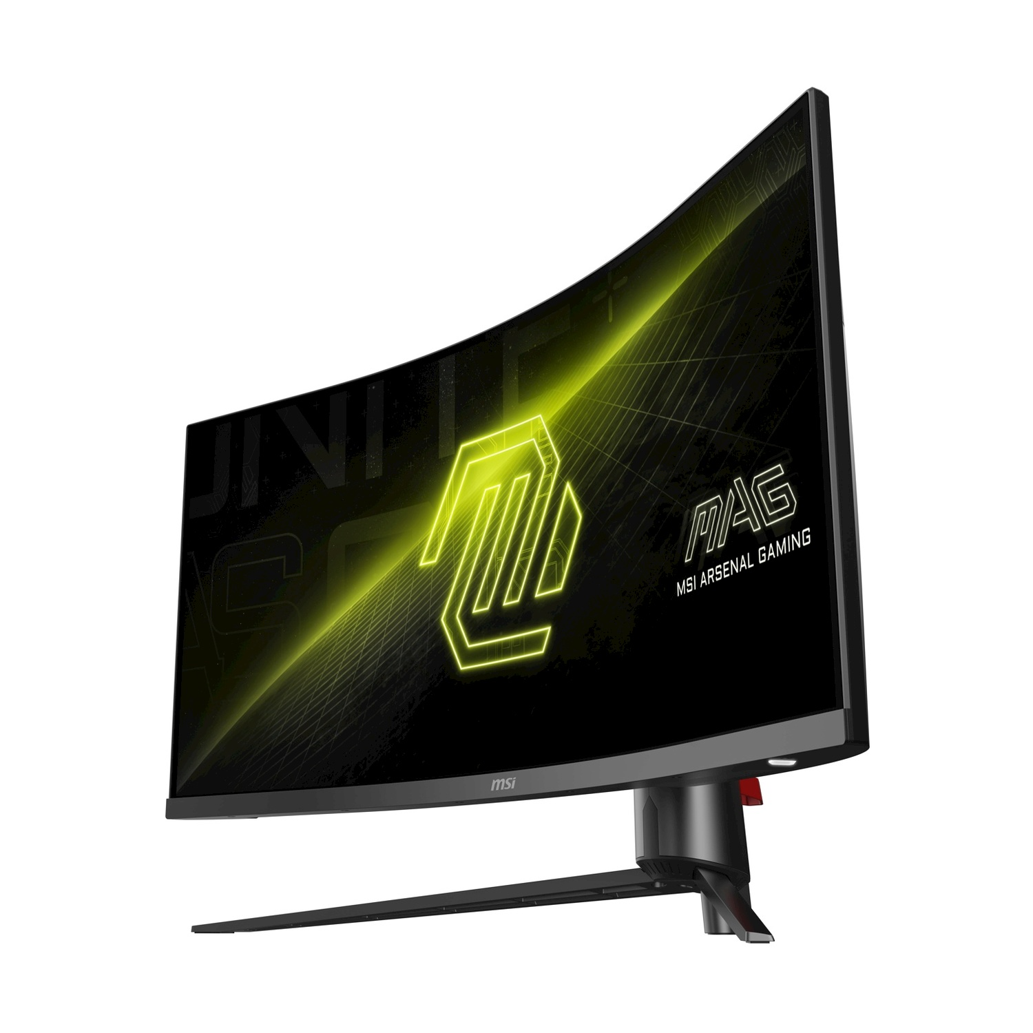 Un monitor da gioco MSI curvo con un logo sullo schermo nero.