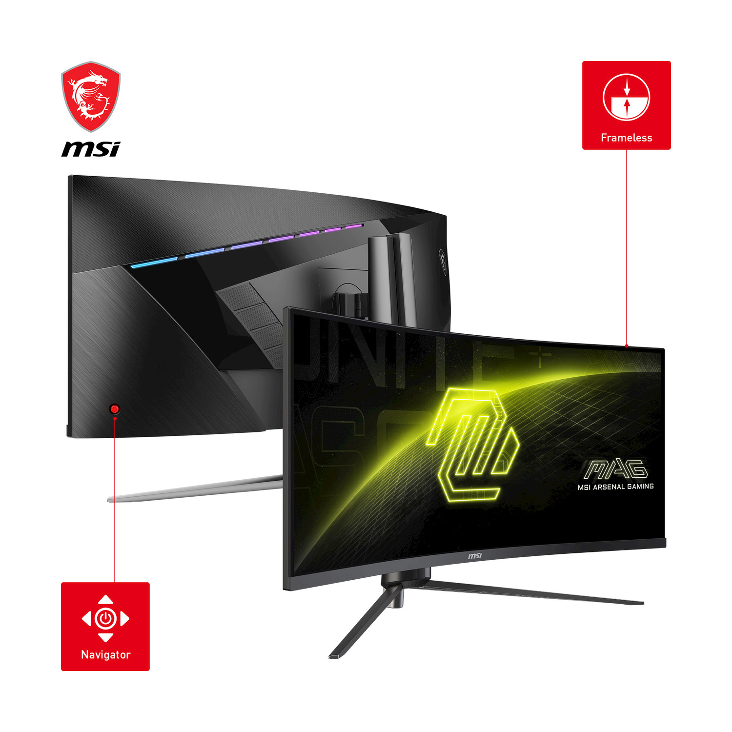 Due viste di un monitor MSI nero. Il retro mostra luci, il fronte mostra un logo e testo.