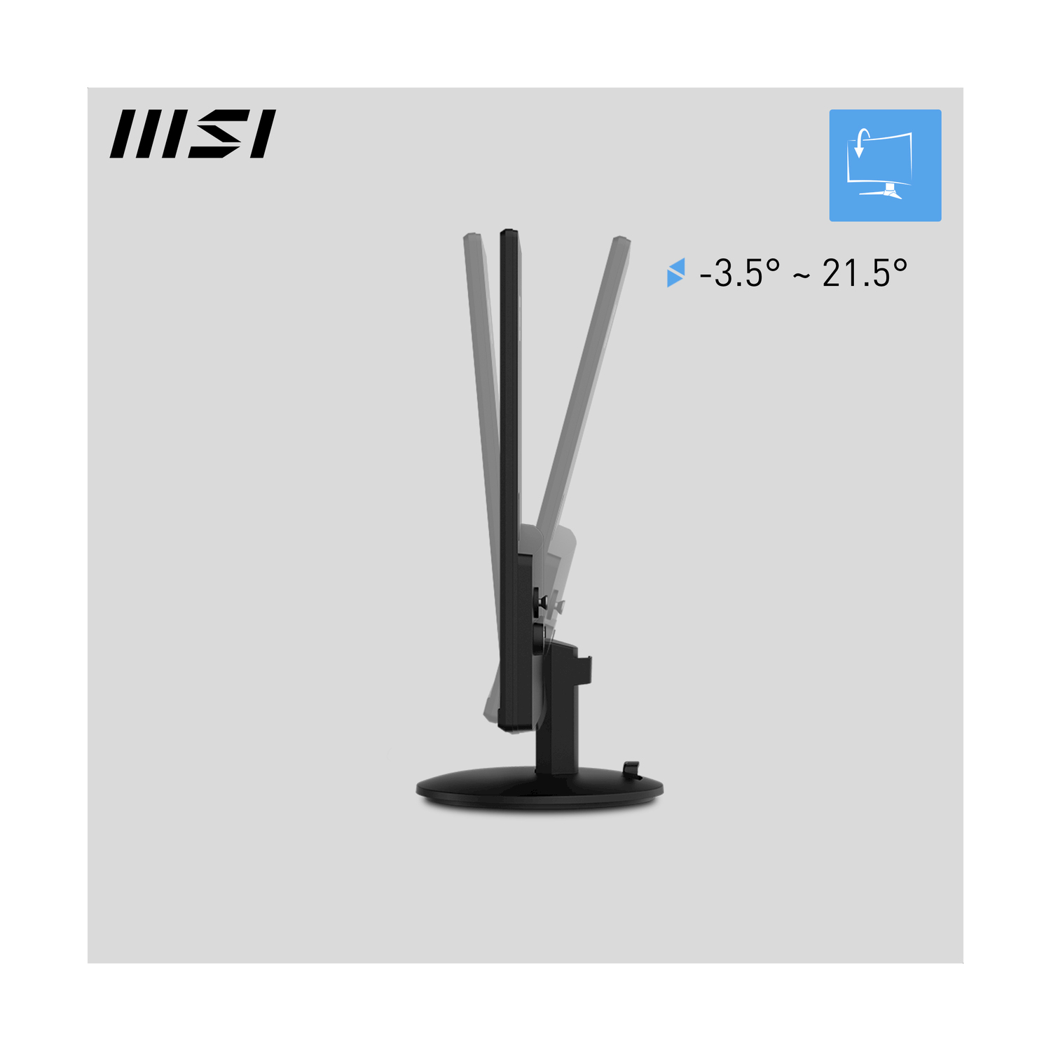 Monitor MSI, inclinazione regolabile. Gradi mostrati: -3,5° a 21,5°. Vista laterale.