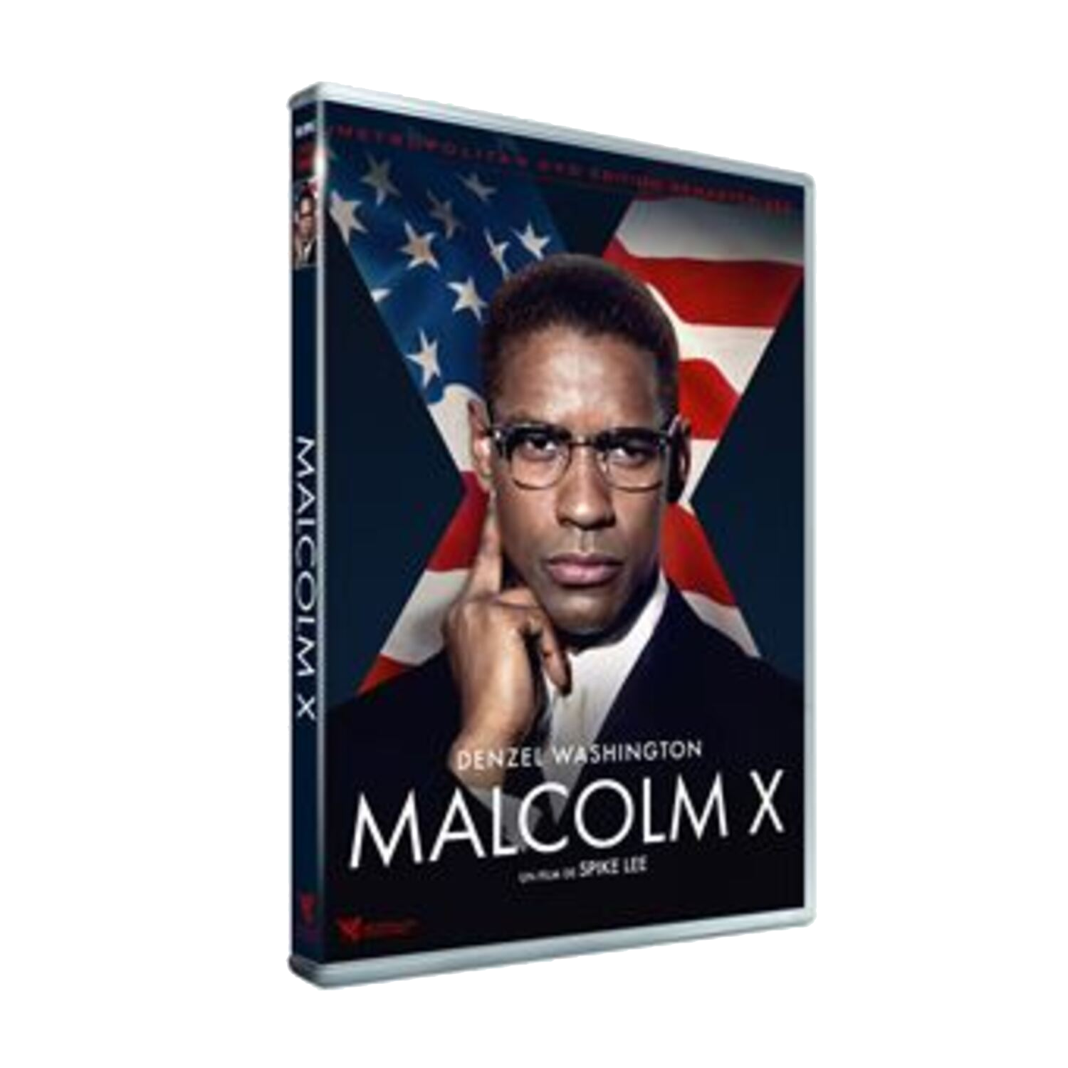 DVD-hoes van 'Malcolm X' met Denzel Washington. Hij draagt een bril en raakt zijn kin aan, Amerikaanse vlag.