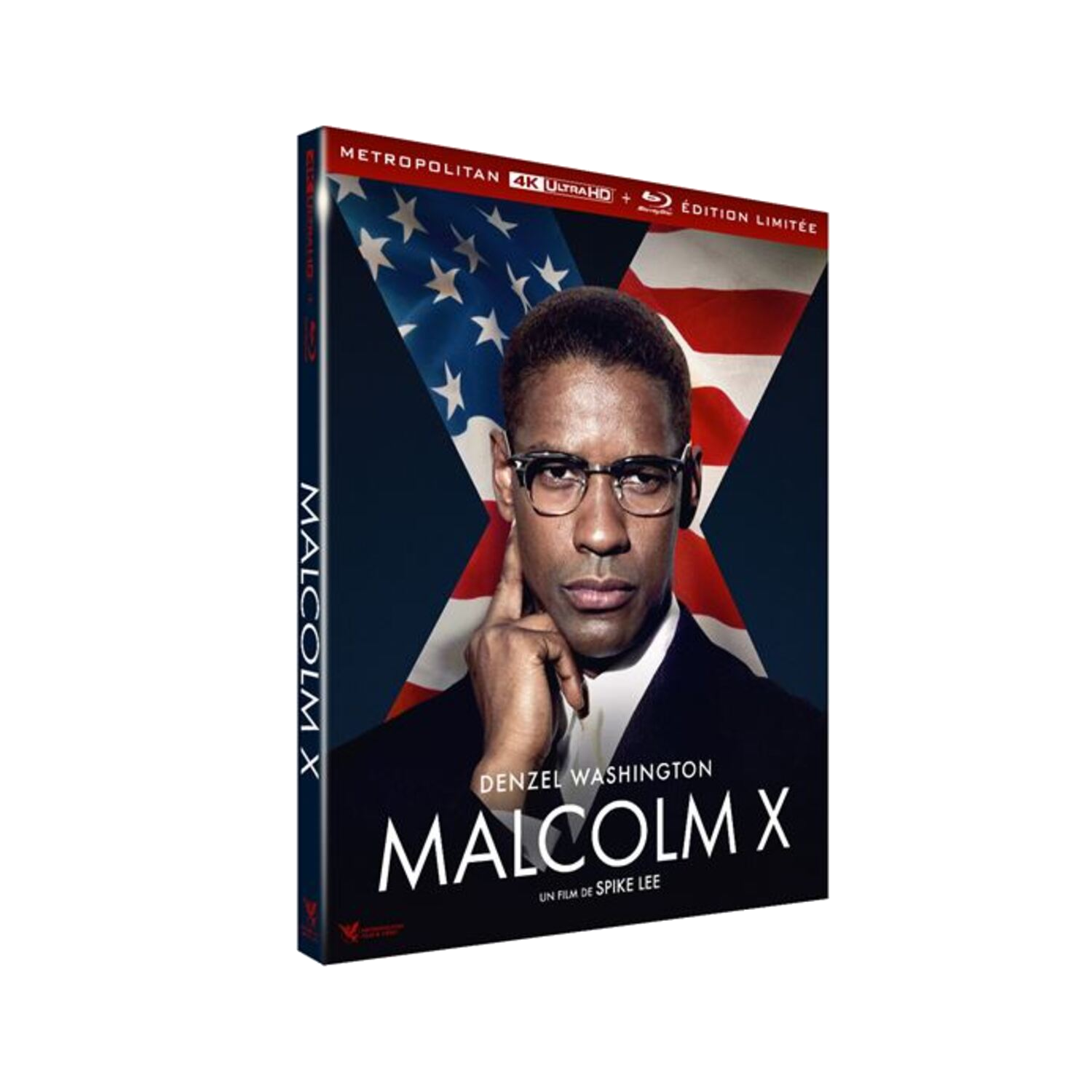 Couverture DVD de Malcolm X. Denzel Washington au centre avec le drapeau américain en arrière-plan.