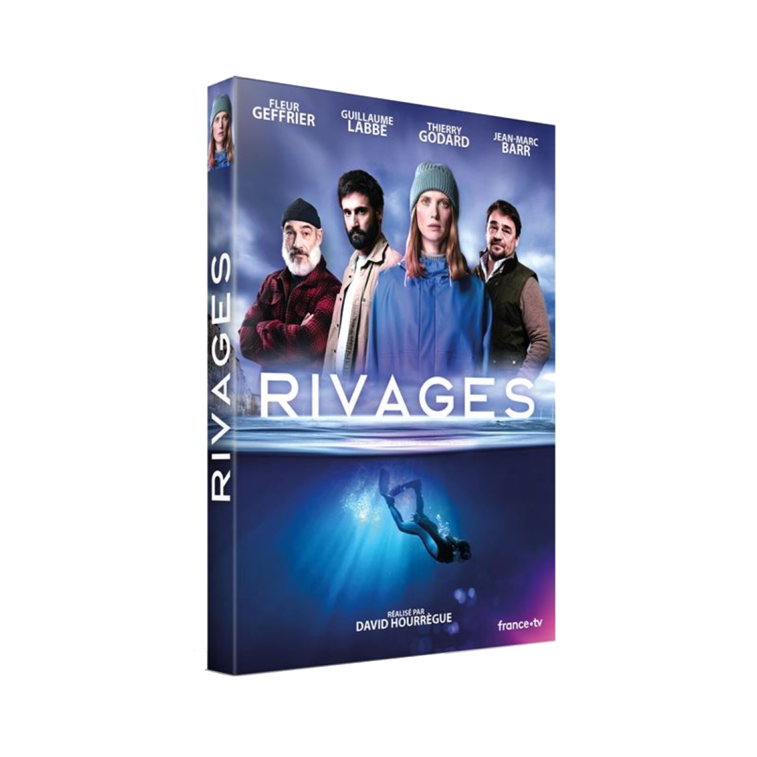 DVD-hoes: mensen op een boot, onder water. Tekst: Rivages. Acteurs zijn zichtbaar.