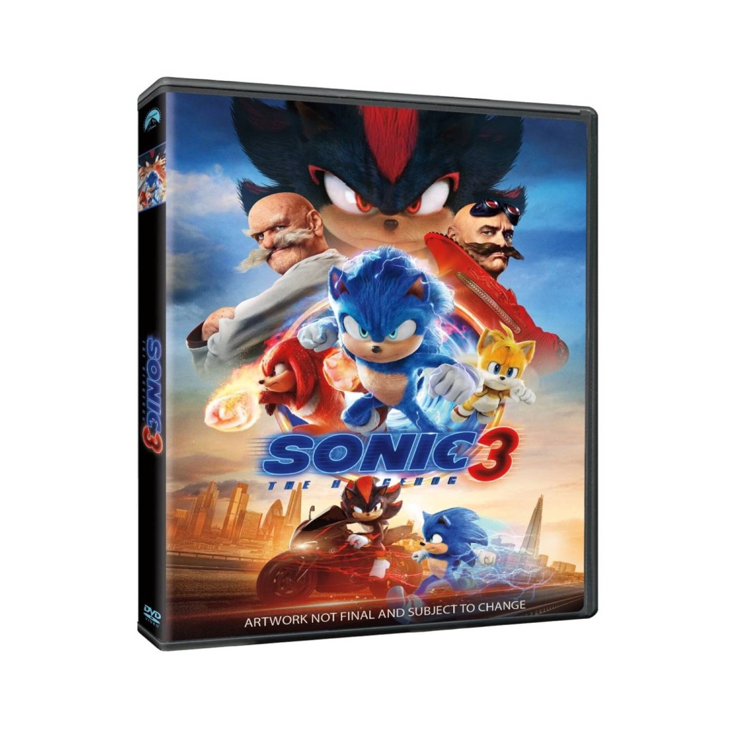 Couverture DVD du film Sonic 3. Sonic et d'autres personnages sont montrés sur la couverture.