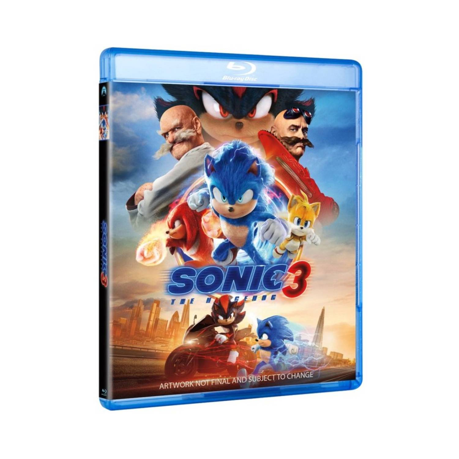 Couverture Blu-ray de Sonic the Hedgehog 3, avec Sonic, Shadow et d'autres personnages sur un fond de ville.