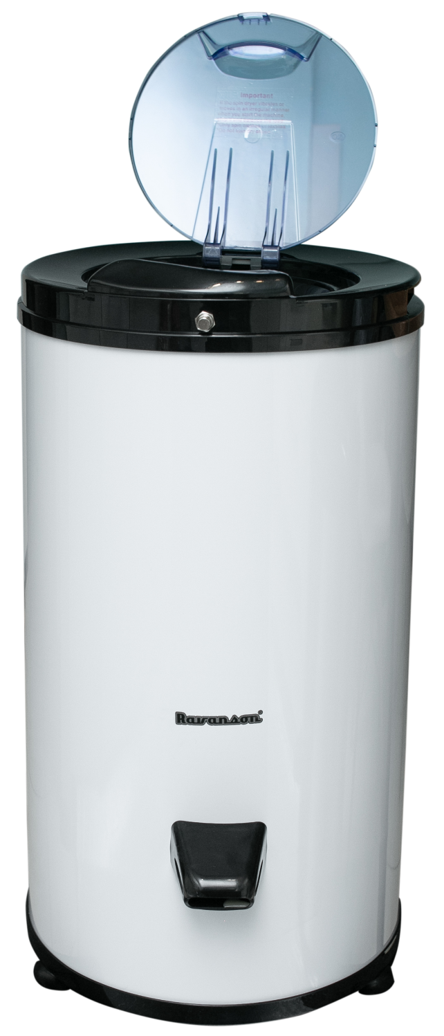 Biała, cylindryczna pralka z otwartą niebieską pokrywą na górze.