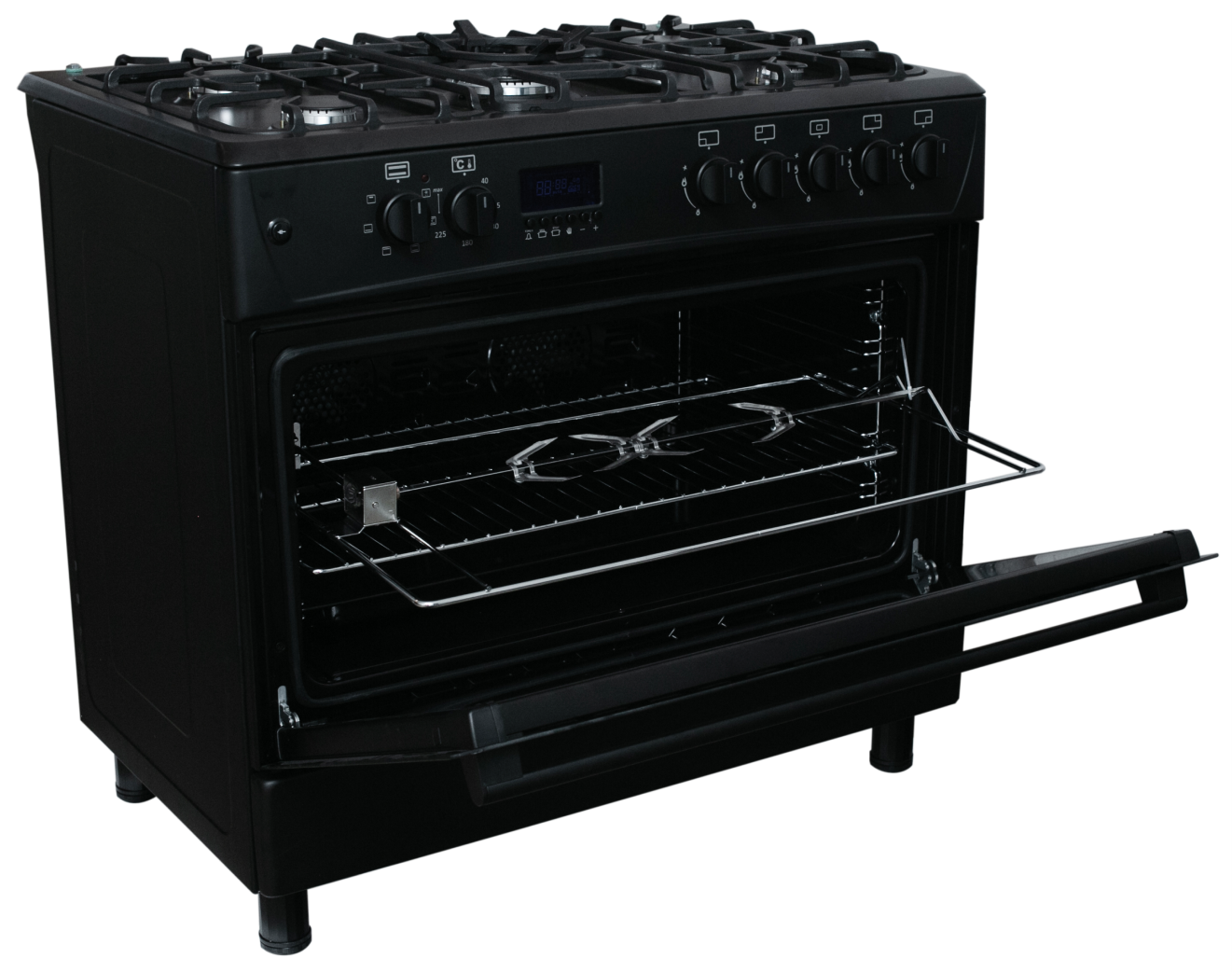 Czarna kuchenka gazowa z otwartym piekarnikiem, pokazującym wnętrze.