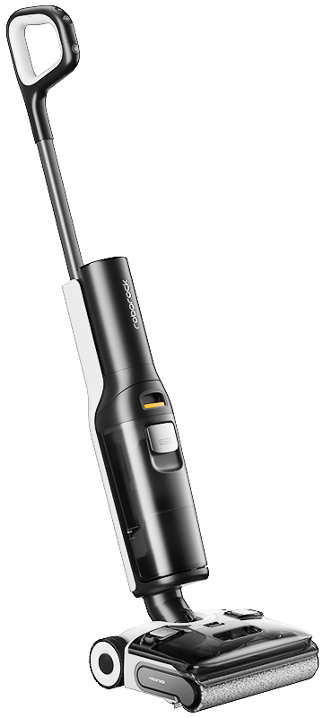 Bezprzewodowy odkurzacz w czerni i bieli, ustawiony pod kątem na czarnym tle.