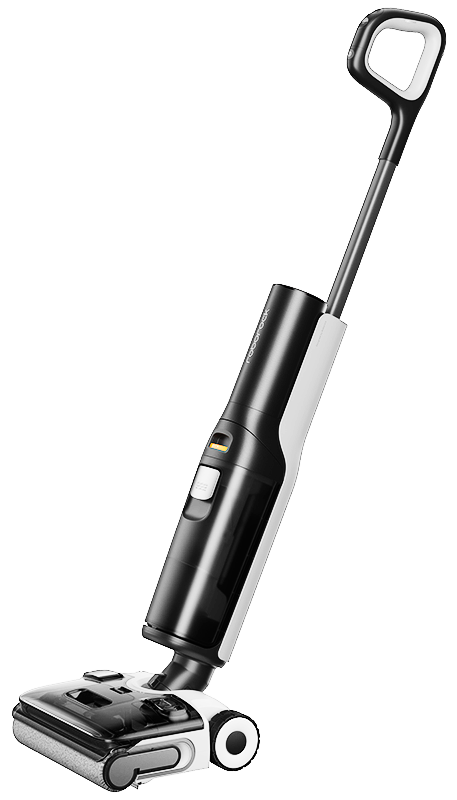 Czarno-biała myjka do podłóg. Ma uchwyt i stoi prosto. Głowica jest na dole.