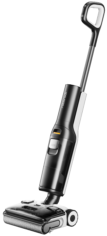 Czarno-biały odkurzacz stojący w pozycji pionowej.