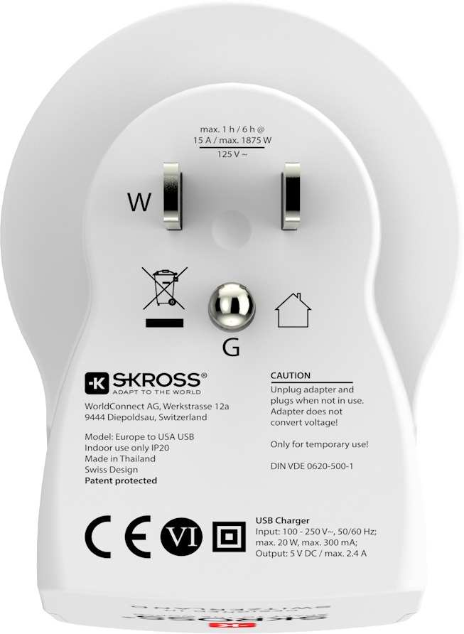 Weißer Adapter für die USA, mit Stiften und USB-Ladegerät, Text: 'USB Charger'.