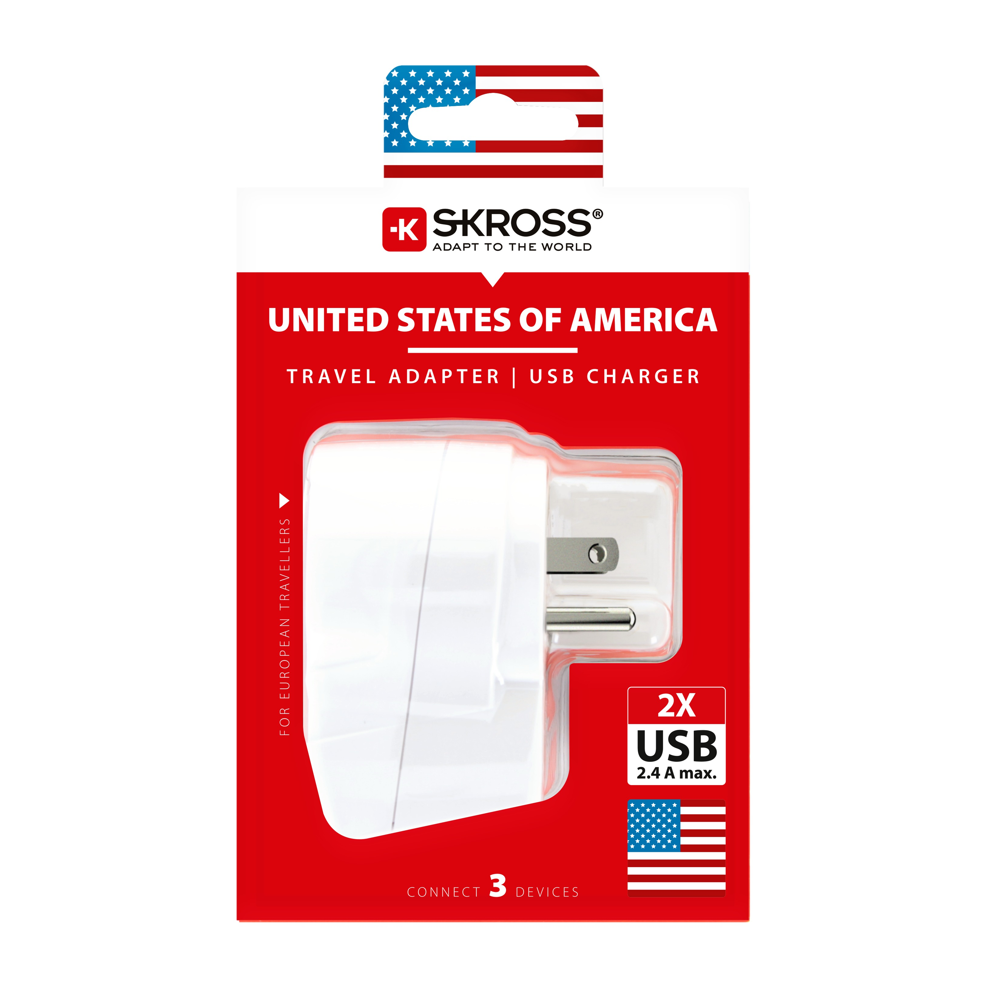 Reiseadapter in Verpackung, mit US-Flagge und 'SKROSS'-Branding.