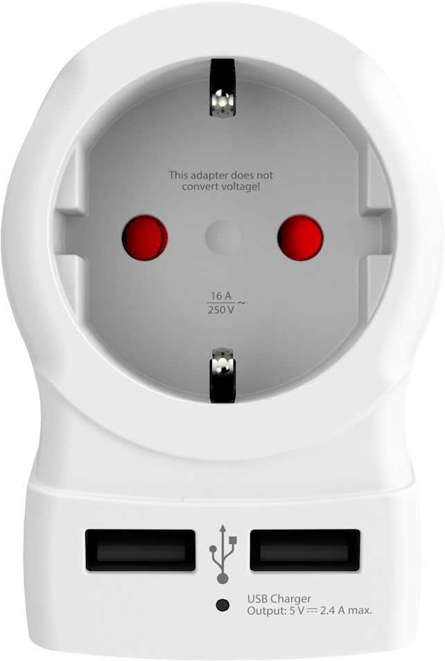 Weißer Reiseadapter mit USB-Anschlüssen. Hat zwei rote Löcher und ein USB-Symbol. Text: 'Dieser Adapter wandelt keine Spannung!'