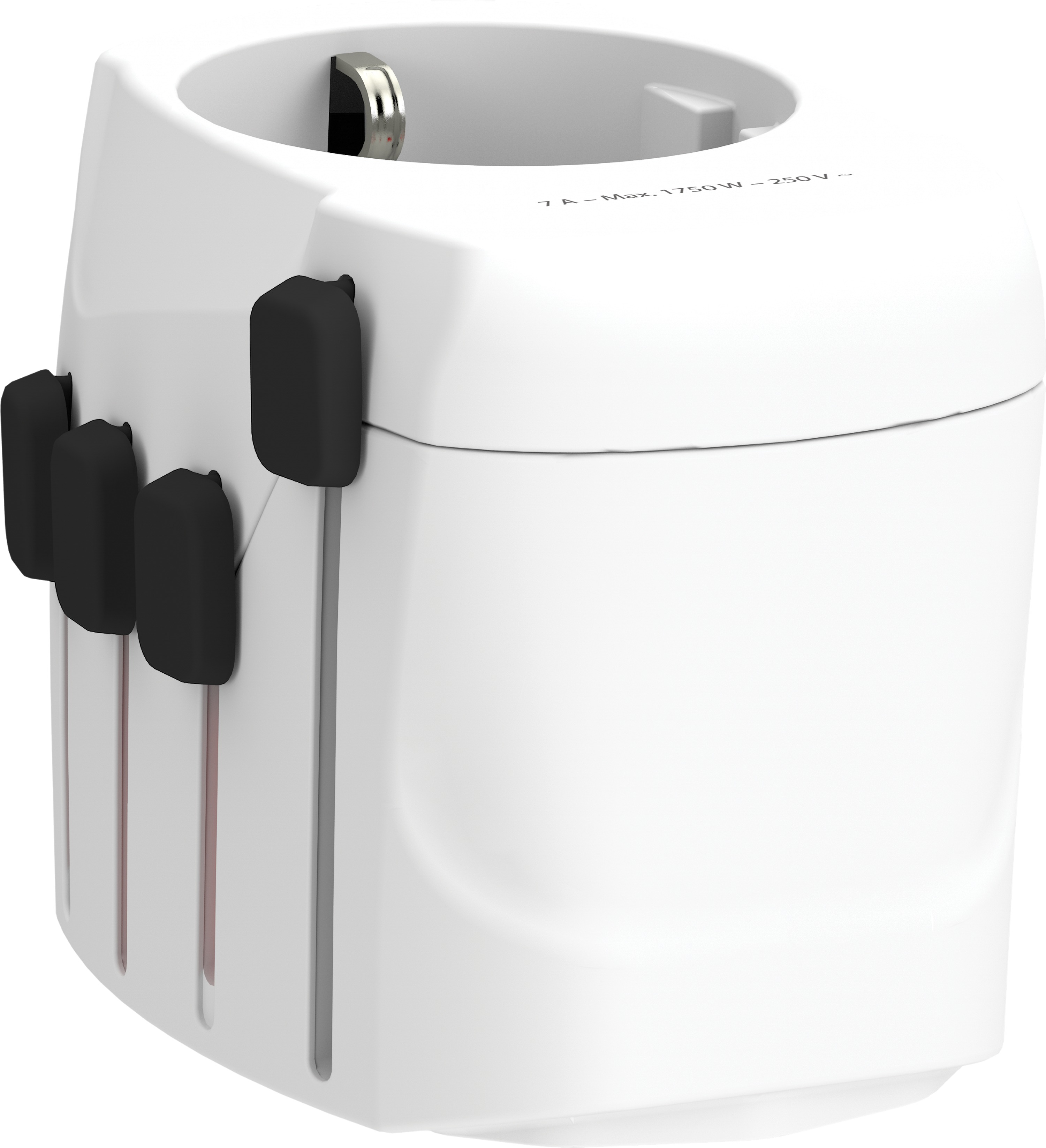 Weißer Universal-Reiseadapter mit schwarzen Stiften.