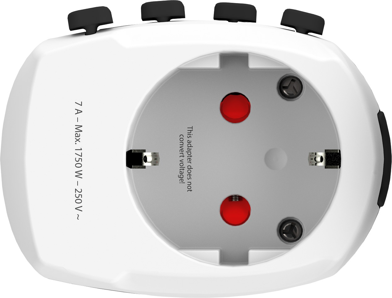 Weißer Reiseadapter mit Steckdose und dem Hinweis 'Dieser Adapter wandelt die Spannung nicht um'.