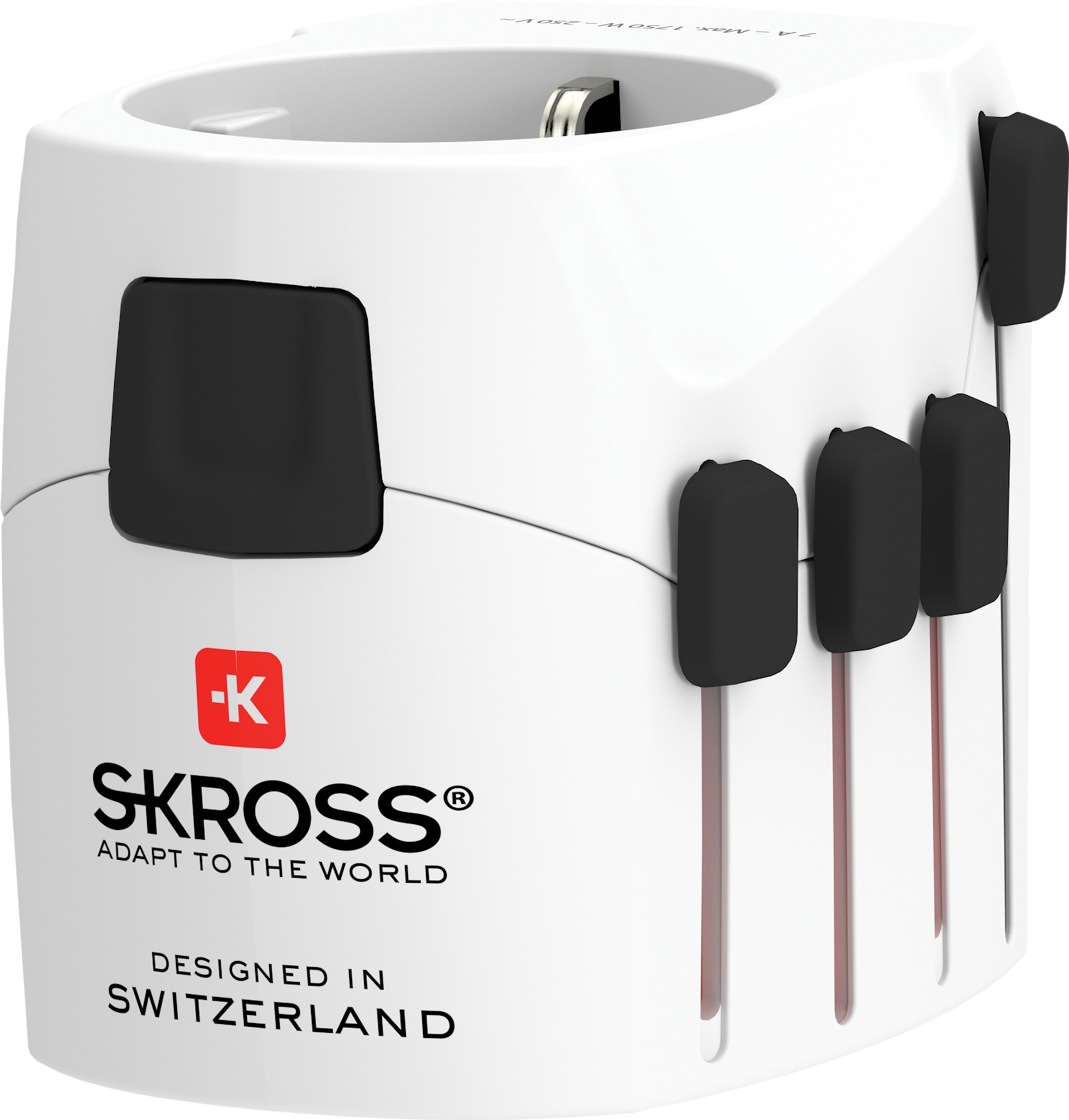 Weißer Reiseadapter mit schwarzen Steckern, entworfen in der Schweiz.