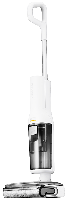 Biały odkurzacz bezprzewodowy z szarą szczotką rolkową na czarnym tle, skierowany w górę.