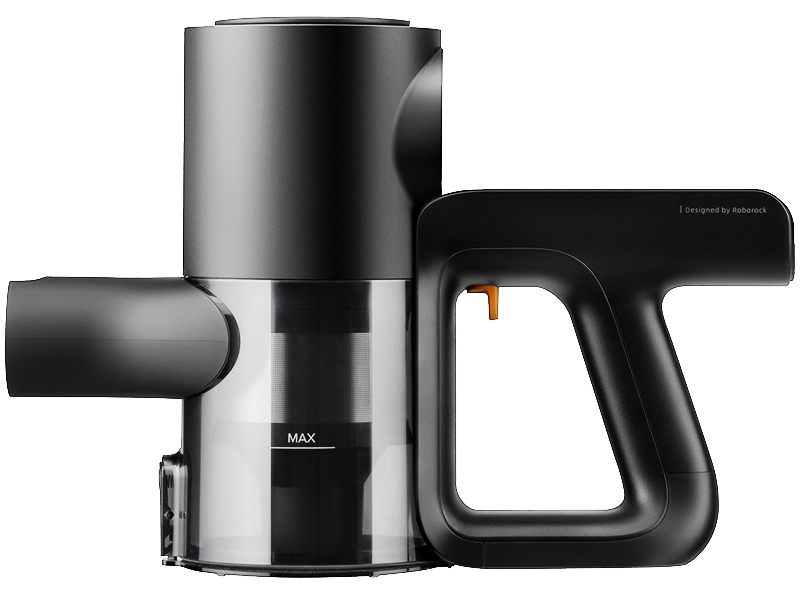 Czarny i przezroczysty odkurzacz z uchwytem, na przezroczystym tle.