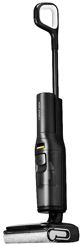 Bezprzewodowy odkurzacz w kolorze czarnym, ustawiony pod kątem na czarnym tle.