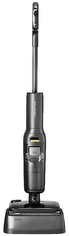 Ciemnoszary odkurzacz Roborock stoi pionowo na czarnym tle. Uchwyt jest wysunięty.