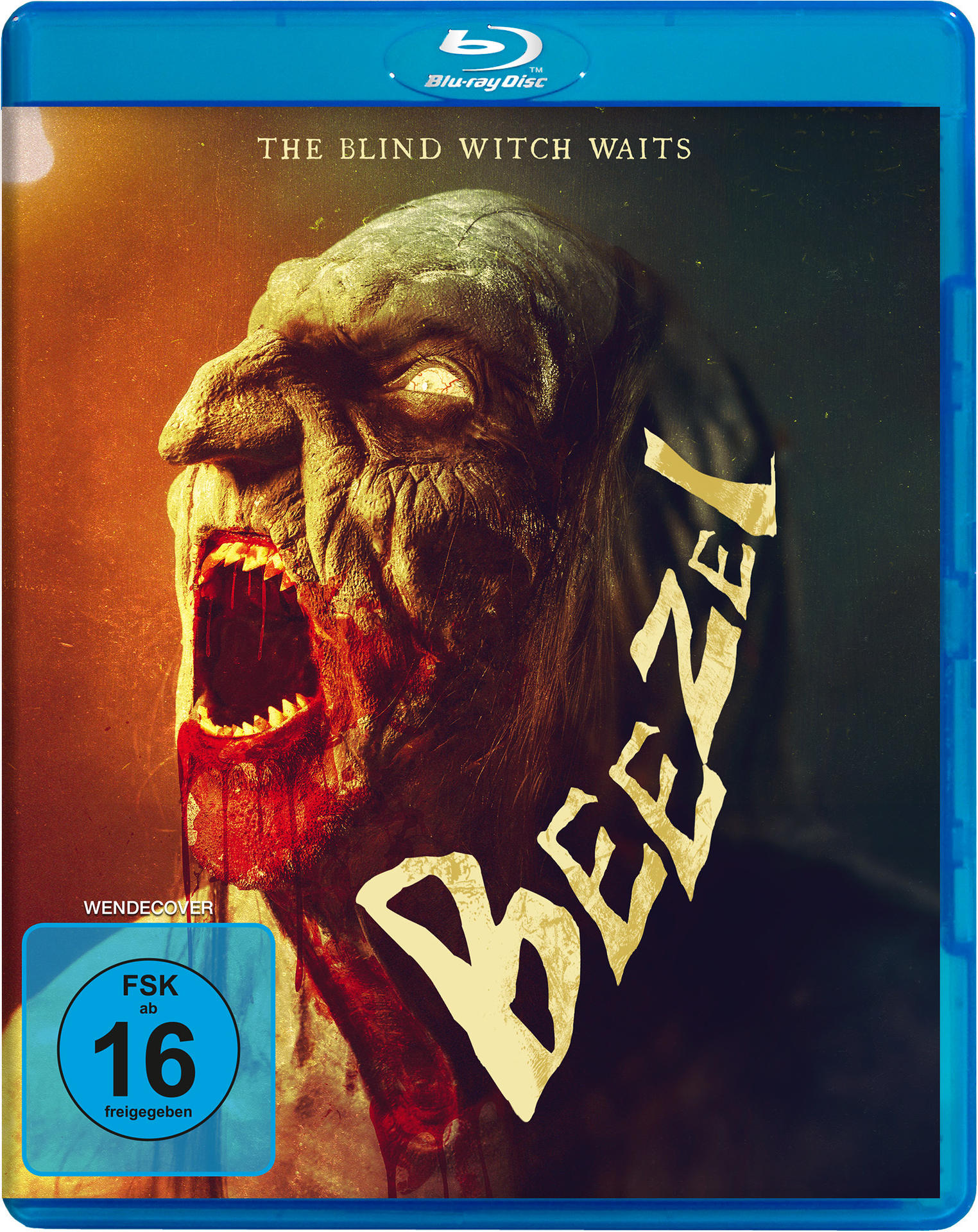 Blu-ray-Disc-Cover. Ein zombieartiges Gesicht, offener Mund, Blut. Blaue Disc-Hülle.
